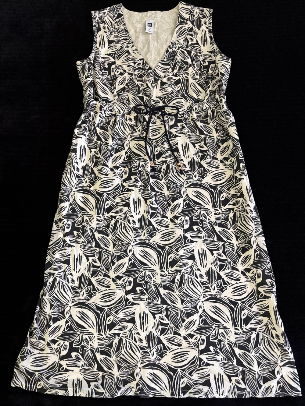 GAP Sz M 100% Cotton Lined Sleeveless Black & Cream Leaf Print Dress wTie Waist